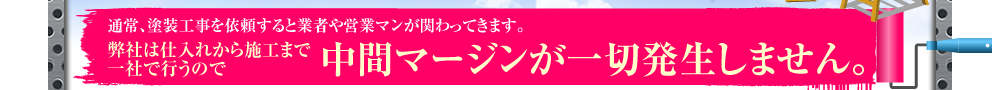 通常、塗装工事を依頼すると業者や営業マンが関わってきます。弊社は仕入れから施工まで、一社で行うので　中間マージンが一切発生しません。