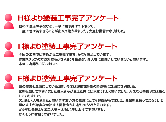H 様より塗装工事完了アンケート他の工務店の手配など、一挙に引き受けて下さって、一度に色々済ませることが出来て助かりました。大変お世話になりました。